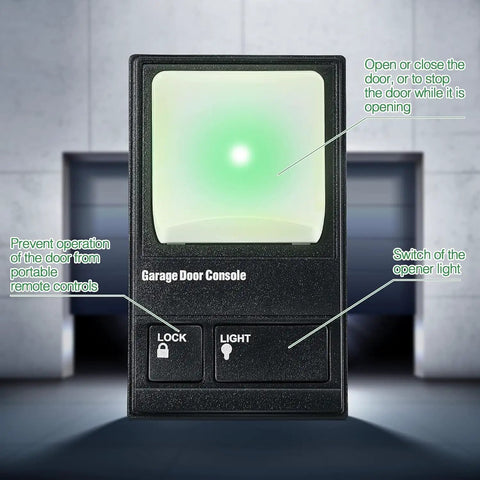 Front view of Upgraded Wall Mount Garage Door Opener Keypad With Lighting Control Wired Replacement Panel Compatible With LiftMaster Chamberlain Craftsman Openers Post 1995 Supports Green Red Purple Learn Buttons, showing light and lock buttons.