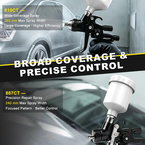 Professional Hvlp Spray Gun Double Pack Featuring Easy Dial Air Adjustment Corrosion Fighting Metal Parts For Quick And Slick Auto Shop Panel Coating Tasks close-up of 819CT and 887CT spray guns showcasing coverage and control features.