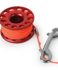 98ft Diving Finger Reel With Line And Snap For Scuba Wreck Cave Tech Diving Snorkeling Kayak Anchor And Surface Marker Buoy Compact Aluminum Reel Ready To Roll, showing compact red aluminum reel with high visibility orange line and stainless steel bolt snap.