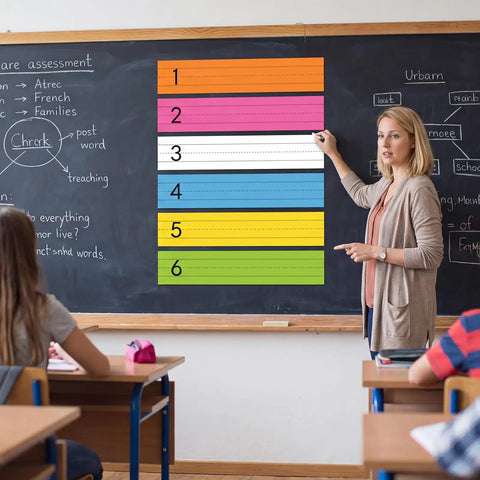 Teacher using 12 Piece Magnetic Sentence Strips For Teachers, 3 By 12 Inch Ruled Word Magnets in classroom.