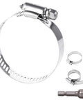 Two Inch Stainless Steel Worm Gear Hose Clamps Set, 304 Stainless, 10 Pack, Fuel Line Pipe Clamps With Durable White Finish For Auto And DIY Repairs Today, showing three clamps and screwdriver bit on white background.