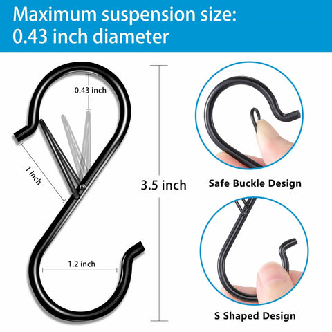 Black 17 Pack S Hooks With Safety Lock Clip, 3.5 Inch Stainless Steel S Shaped Locking Hooks for Dorm Kitchen Plants Pots Towels Bags