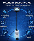 3X LED Magnifying Table Clamp Helping Hand With Flexible Arm Soldering Station display showing features and benefits
