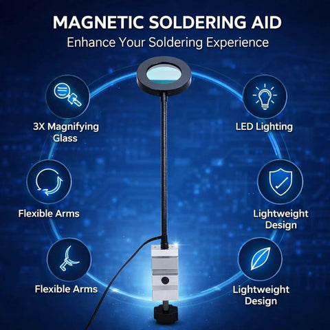 3X LED Magnifying Table Clamp Helping Hand With Flexible Arm Soldering Station display showing features and benefits