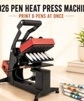 Kick Butt With This 350W Ballpoint Pen Heat Press Machine For Custom Logo Hot Stamping Digital Temp Timer Six Station Aluminum Platen Metal Frame Perfect For Promo Gifts And Small Batch Merch Printing Projects with six pen slots.