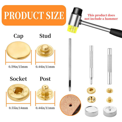 Leather Snap Fasteners Kit With 20 Sets Of 15mm Press Studs And Setter Tools In Gold For Fabric And Clothing Sewing Projects