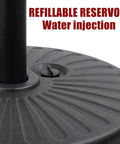 Heavy Duty Water Filled Round Umbrella Base With Steel Holder Built Tough 50 Lb Capacity Fillable Outdoor Patio Lawn Garden Stand, close view of black textured HDPE base with refillable reservoir cap and steel tube.