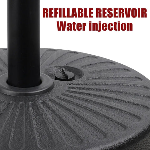 Heavy Duty Water Filled Round Umbrella Base With Steel Holder Built Tough 50 Lb Capacity Fillable Outdoor Patio Lawn Garden Stand, close view of black textured HDPE base with refillable reservoir cap and steel tube.