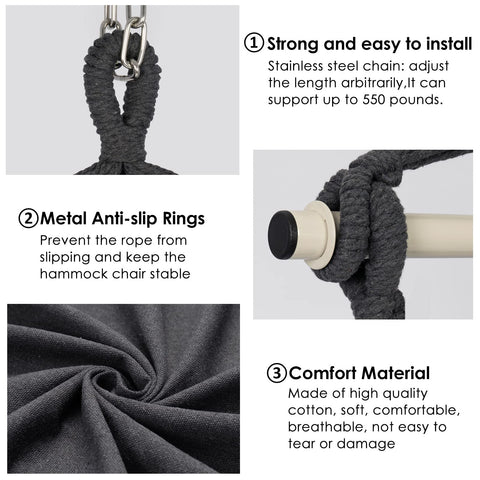 Hammock Chair Hanging Rope Swing For Indoor Outdoor Use Chill Cozy And Durable Supports Up To 500 Lbs Dark Grey material details
