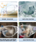 Ultra Lightweight TR90 Safety Glasses With Anti Fog Coating And UV400 Lenses For Men And Women showcasing features like UV protection and side shield.