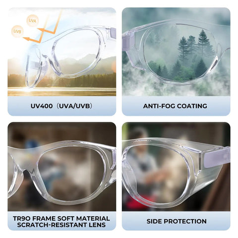 Ultra Lightweight TR90 Safety Glasses With Anti Fog Coating And UV400 Lenses For Men And Women showcasing features like UV protection and side shield.
