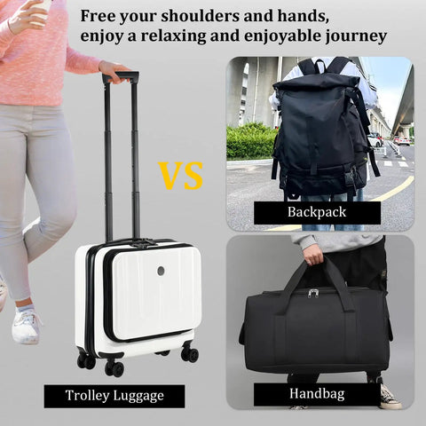 Comparison of Lightweight 16 Inch Carry On Luggage With Backpack and Handbag, highlighting suitcase design with spinner wheels