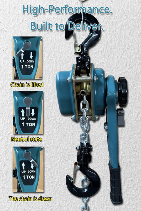Heavy Duty Manual Lever Chain Hoist With 1.6 Ton Capacity Comes With Storage Bag For Garage, Workshop, And Construction Lifting 5ft Hand Chain Block Hoist side view with operational settings.
