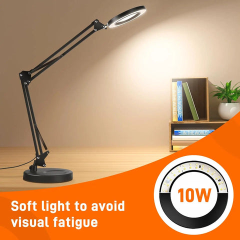 10X Magnifying LED Lamp With Optical Glass Lens 4.3 Inch Clamp On Craft Light displayed on a desk with soft light feature