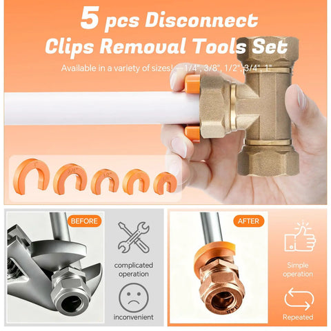 Close-up of 5 pcs Disconnect Clips Removal Tools Set with various sizes in use for plumbing, part of Four Piece Plumbing Tools Kit With Pipe Depth Gauge And Copper Deburring Reamer With HSS Blades Push Fit Disconnect Clip Multi Purpose Tool Set For Copper PVC PEX CPVC Pipes Ideal For Home DIY And Pro Handyman Use.
