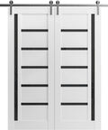 Front view of Sturdy Double Barn Door Kit With White Silk Panels And Black Glass, 72x96 Inches, featuring stainless steel rail.
