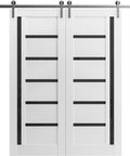 Built Tough Double Barn Door Set Featuring Dead Easy 13 Foot Stainless Steel Rail Hardware With Slick Glide Action, white panels and black trims.