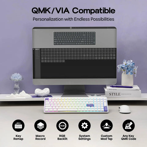 Premium Low Profile Aluminum Mechanical Keyboard With Full Via Programming Hot Swappable Switches Compact One Zero Layout built beside a monitor with RGB backlighting.