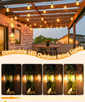 Patio with 25 Ft Outdoor String Lights For Patio And Garden, Dimmable, Weatherproof And Shatterproof ST38 Edison Bulbs, glowing at dusk.