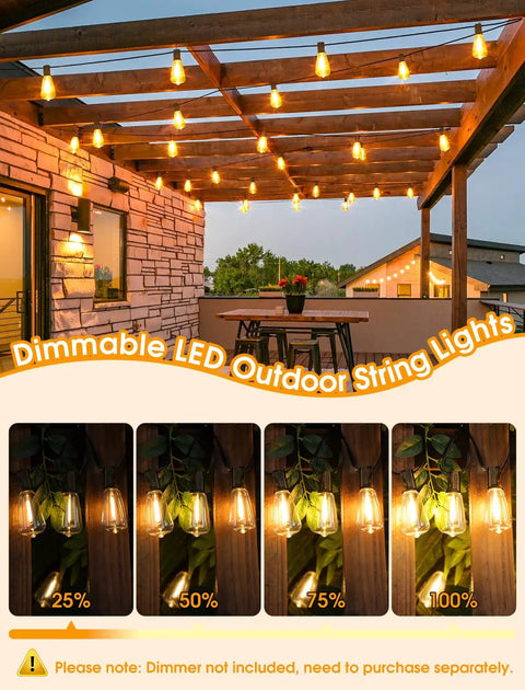Patio with 25 Ft Outdoor String Lights For Patio And Garden, Dimmable, Weatherproof And Shatterproof ST38 Edison Bulbs, glowing at dusk.