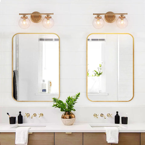 Two Light Gold Vanity Lighting Fixture With Globe Seeded Glass Shades For Bathroom Slick Modern Dark Gold Finish 14 Inches Long