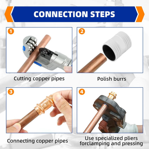 Znkiok 12-pack 1/2 in copper Propress fittings step-by-step infographic: cutting, deburring, joining, pressing.