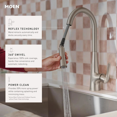 Top Shelf Pulldown Kitchen Faucet In Slick Spot Resist Stainless Steel with 360 swivel wand and sink application.