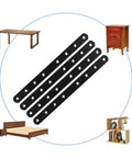 Heavy Duty Black Mending Plates 12 Pack, 10 Inch Flat Straight Braces for wood furniture repair shown with furniture around.
