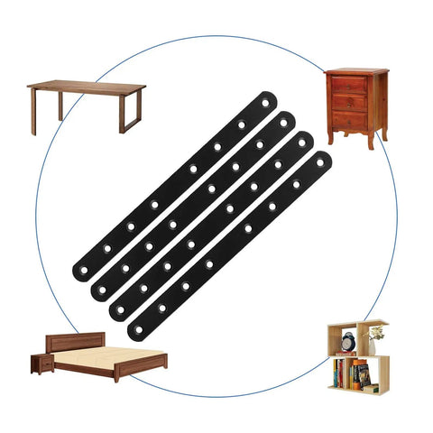 Heavy Duty Black Mending Plates 12 Pack, 10 Inch Flat Straight Braces for wood furniture repair shown with furniture around.