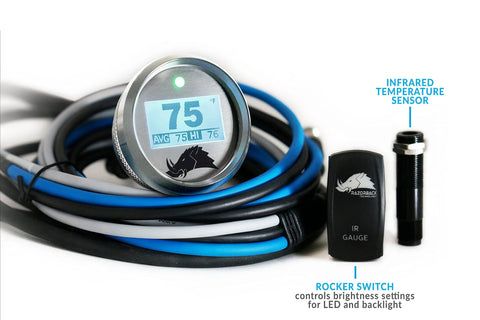 Front view of Razorback Technology 3.1 dimmable infrared belt temperature gauge with 12ft black cable and IR sensor
