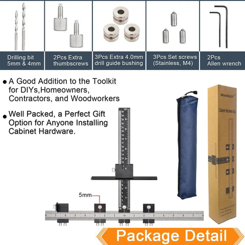 Pro Grade All Metal Cabinet Hardware Jig For No Nonsense DIY Friendly Quick Handle And Knob Install Adjustable Template With 5mm And 4mm Drill Bushing Guides High Precision Cabinet Pull Template For Easy Accurate Spacing And Fast Install shown with accessories and packaging