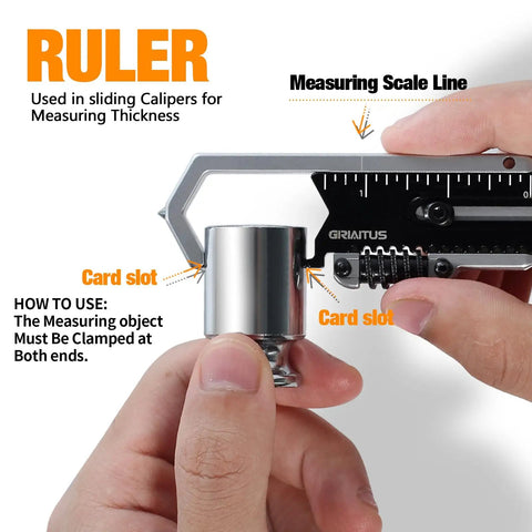 Close-up of 9 In 1 Pocket Multitool Wrench For Screws With Mini Pry Bar, showing caliper ruler in use measuring an object.