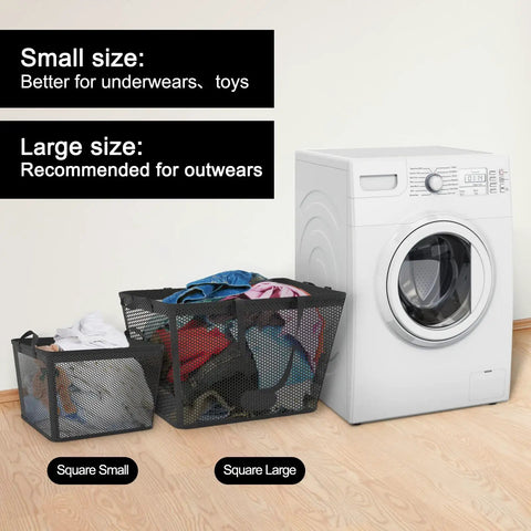 Ultra Large 58.4L Collapsible Laundry Basket With Waterproof PEVA Liner next to washing machine, showing small and large sizes