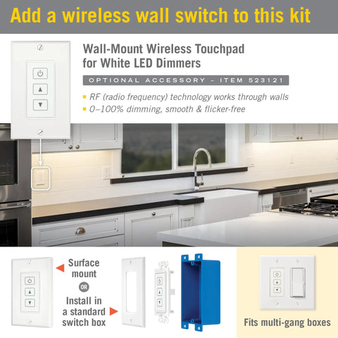 Kitchen with installed RibbonFlex Pro Plus 12V LED Strip Light Kit With 3000K Soft White Remote Included and wall switch option