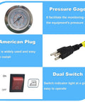 Pressure gauge, American plug, and dual switch display for Heavy Duty Industrial Steam Iron And Boiler Setup Straight Up 110 Volt 1600 Watt Pro Ironing Rig.
