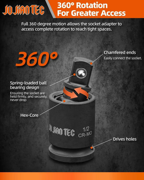 Beefy Impact Universal Joint Socket Swivel Set Three Piece Drive Half Inch Three Eighths Inch Quarter Inch 360 Degree Rotation Cr-Mo Steel Drop-Forged And Heat-Treated Black Oxide Finish showing 360-degree rotation and features such as chamfered ends and drive holes.