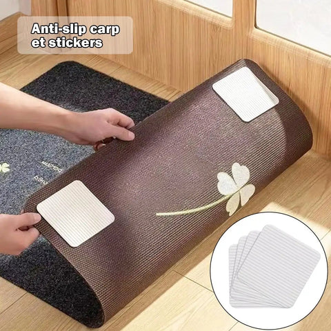 Hands using Non Slip Rug Pad Grippers For Hardwood And Tile, Double Sided Rug Tape with corner stickers on a brown rug.