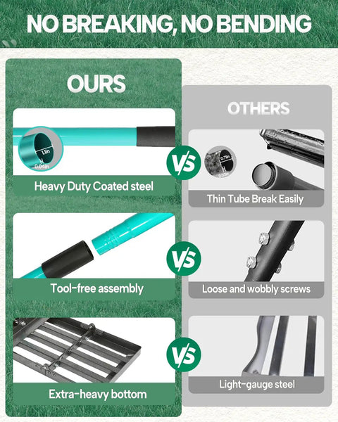 Comparison showing Lawn Leveling Rake With 30 Inch Head And 78 Inch Adjustable Steel Handle For Soil Sand Dirt And Grass vs others.