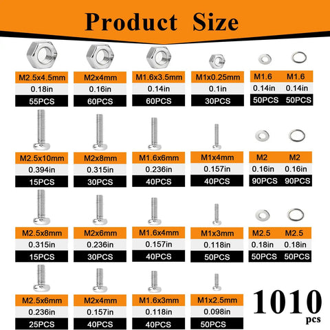 Hella Durable Top Shelf 304 Stainless Steel Metric Micro Screw And Hex Nut Assortment Tray With Flat And Spring Washers For Arduino Rc Electronics And Pro Diy Builds size chart showing various M1 and M2 screws and nuts