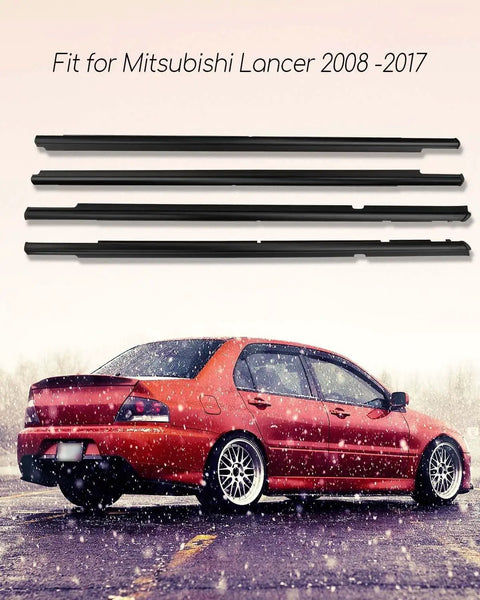 Mitsubishi Lancer Weatherstrip Window Molding Trim Seal Belt 4 Piece Replacement Set for 2008-2017 shown with red car