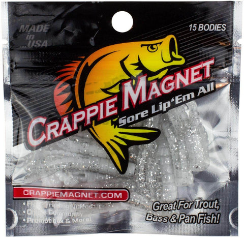 Crappie Magnet 15 Piece Pearcy Lure Set For Freshwater Fishing pack with split-tail jigs, visible through a clear package