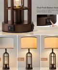 Farmhouse Style Table Lamps Set Of 2, 28 Inch Tall, featuring dual USB ports and dimmable options with industrial linen shades.