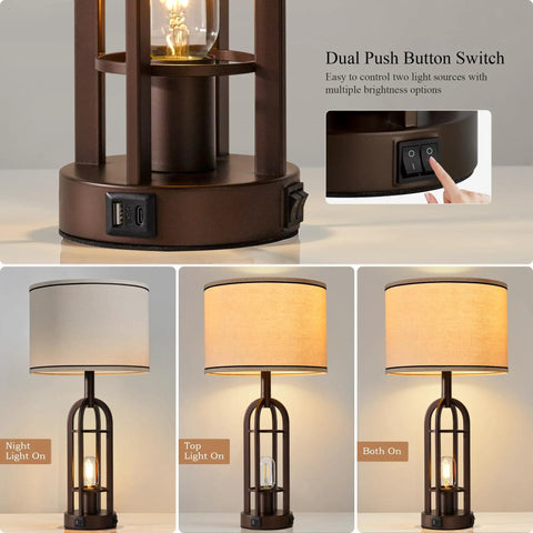 Farmhouse Style Table Lamps Set Of 2, 28 Inch Tall, featuring dual USB ports and dimmable options with industrial linen shades.