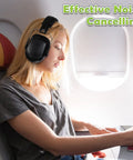 Woman wearing noise-cancelling earmuffs on airplane, writing in notebook. Text overlay: Effective Noise Cancelling.