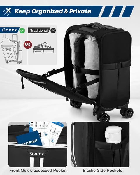 16 Inch Underseat Carry On Luggage With Spinner Wheels Water Resistant PVC Softside Travel Bag Airline Approved For Men Women Personal Item Sized For Cabin Friendly Black open with organized compartments