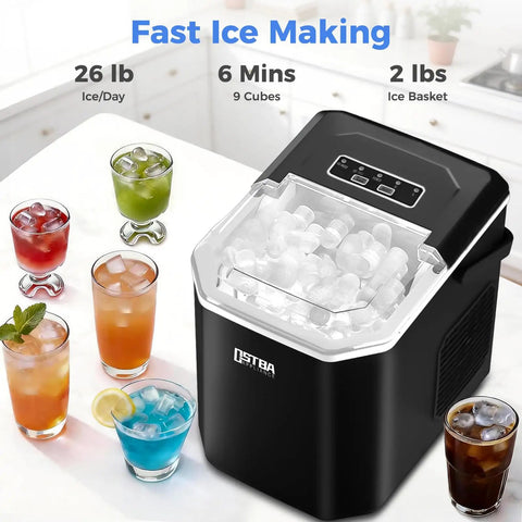 Portable Countertop Ice Maker That Cranks Out Bullet Ice In 6 Minutes, 9 Cubes Per Batch, Up To 26 Lbs Per Day in kitchen.