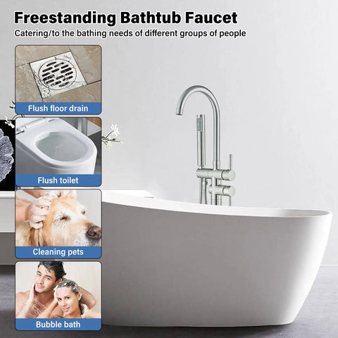 Freestanding Bathtub Faucet In Brushed Nickel, Floor Mounted Tub Filler With Handheld Shower, 360 Degree Swivel Spout