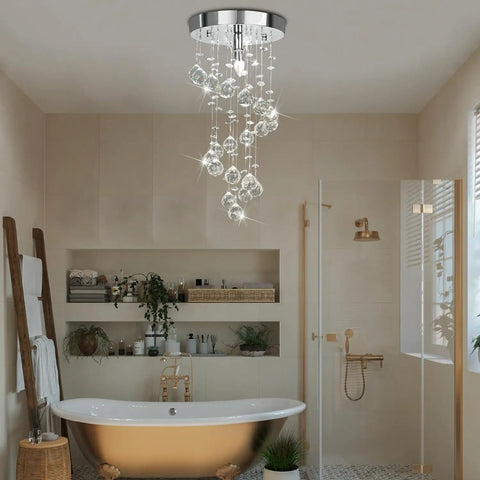 Spiral Crystal Chandelier Flush Mount With Raindrop Crystal Orbs in bathroom with tub and plants, 8 in diameter, 15.8 in height.