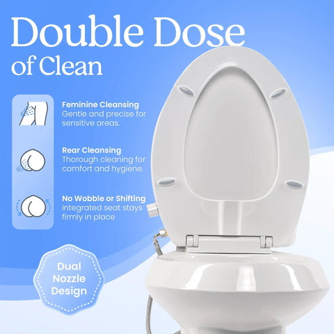 Non Electric Elongated Bidet Toilet Seat Plug And Play Self Cleaning Wash Nozzles Adjustable Water Pressure on toilet with dual nozzle design