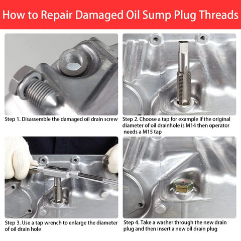 BILITOOLS oil pan drain plug thread repair kit (84‑pc, M13–M22) with taps, tap wrench and washer.